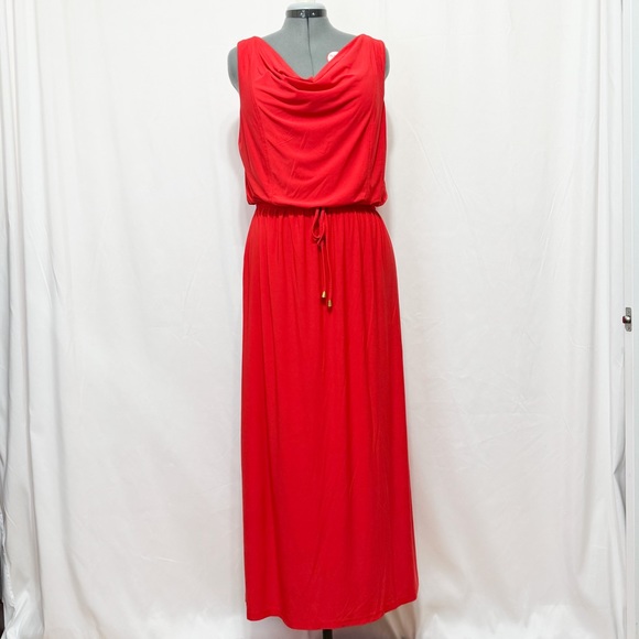 Soho Apparel Ltd Sz L  Coral Red Cowl Neckline Elasticized Waist Maxi Dress - Picture 6 of 9